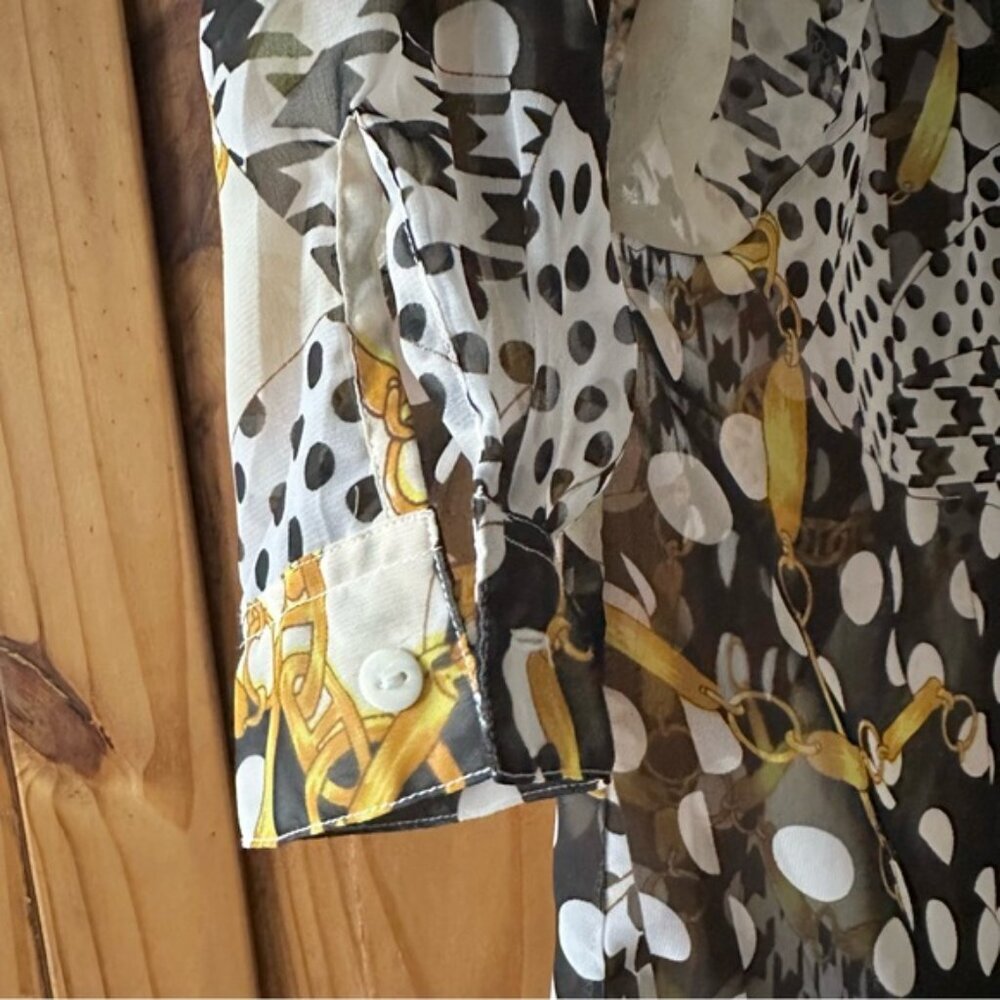 Vintage 90’s Button Up Shirt Polka Dots Gold Chains Black Yellow White - M - Picture 7 of 16